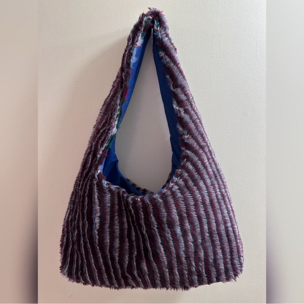 Handmade Burgundy Multicolor Stripes White Blue Green Faux Fur Shoulder Bag